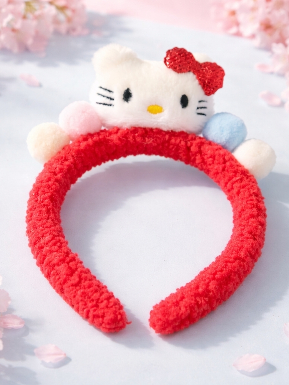 Sanrio Hello Kitty Red Plush Headband with Multicolor Pom-Poms